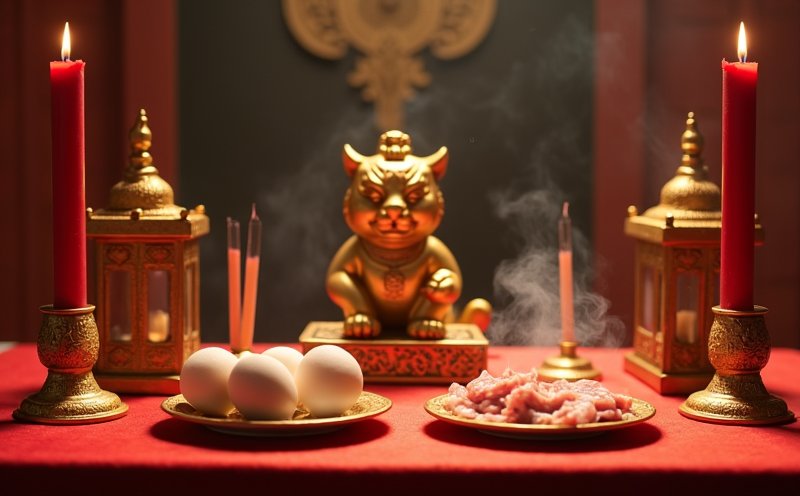虎爺聖誕金色虎爺神像與生雞蛋生肉供品的祭祀陳設