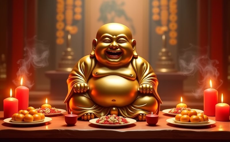 金身彌勒笑佛與橘子糖果的歡喜供桌