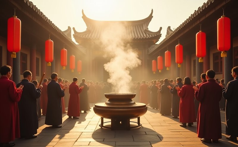 信眾持香於廟埕香爐前祝壽的關聖帝君聖誕慶典場景