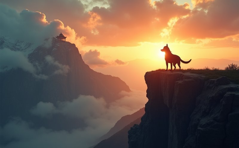 山巔哮天犬剪影與雲海的二郎神意象
