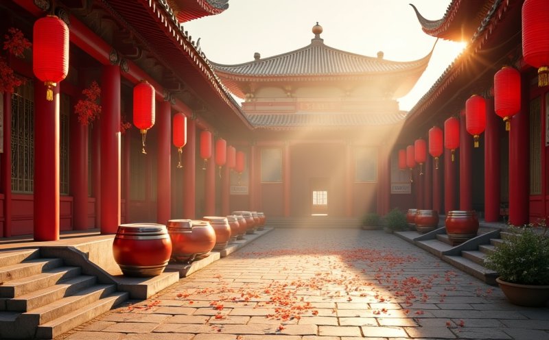 廟埕紅燈籠與鞭炮紙屑的慶典場景