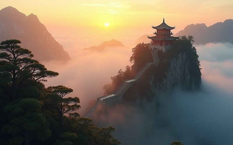 雲霧繚繞山巔道觀的日出仙境