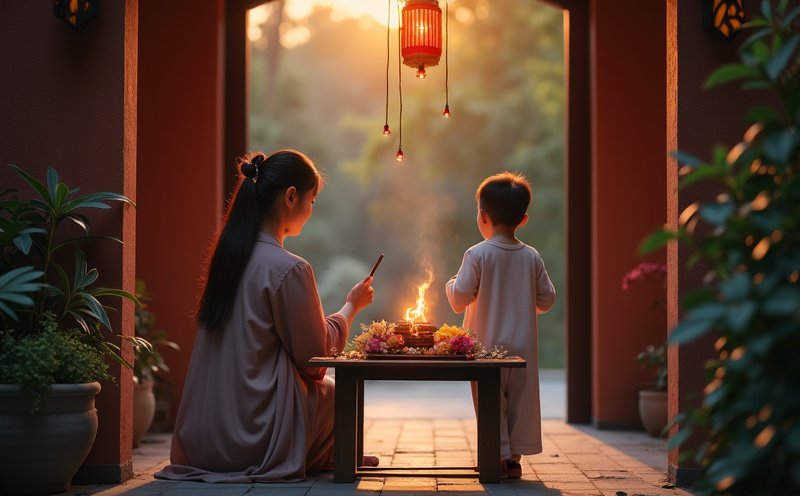 母親帶著孩子於門口傍晚祭拜七娘媽的溫馨場景