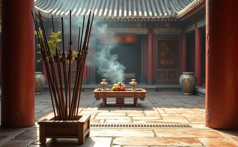 廟埕儀仗兵器與供桌的武德侯陳設