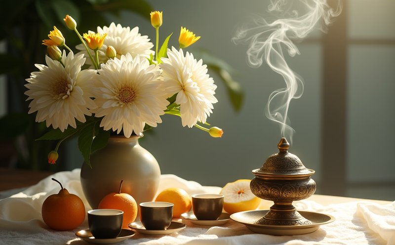 九天玄女聖誕菊花香爐與清茶的雅緻供品