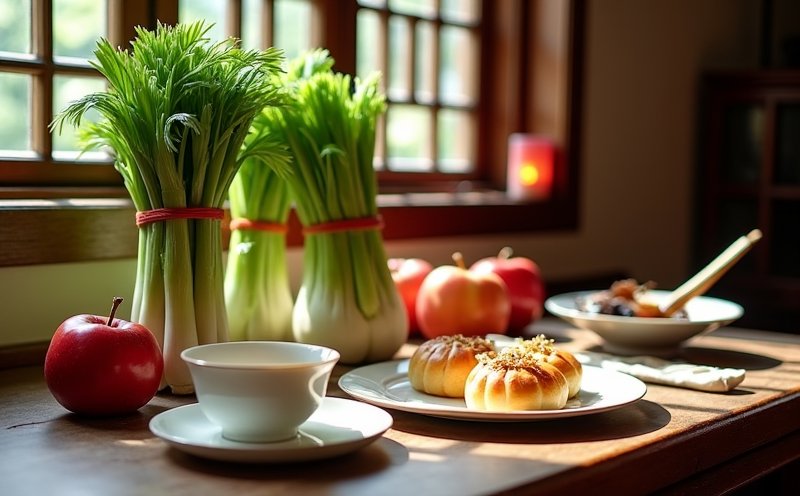 孔子聖誕芹菜蔥壽桃與清茶的考生祈福供品