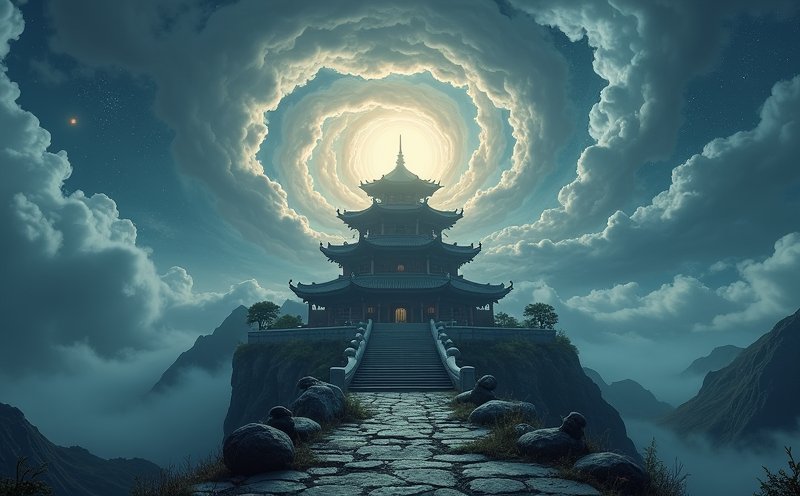 雲海翻騰中的山巔北極殿意象
