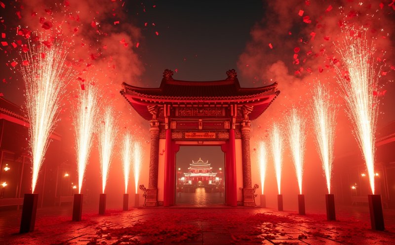 廟前鞭炮齊放慶祝中壇元帥聖誕的熱鬧夜景