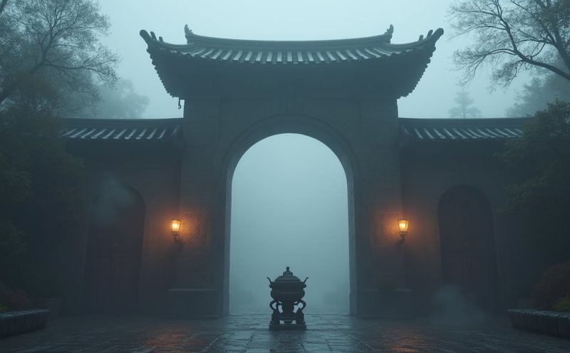 霧中石造山門與香爐的幽冥莊嚴意象