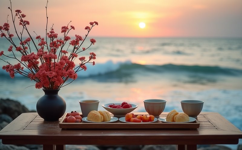 媽祖飛昇日海濱鮮花供品與夕陽海景