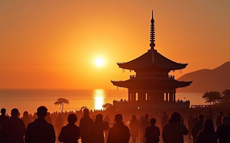 信眾於海濱媽祖廟前夕陽下參拜的剪影