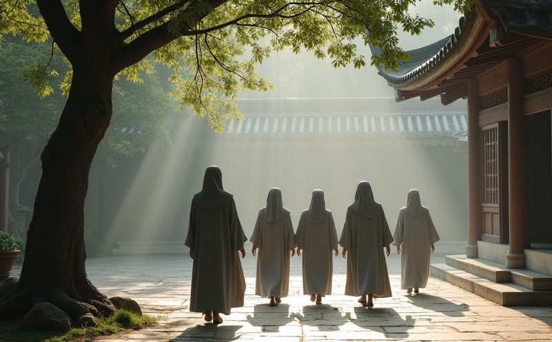 修行者於晨光寺院中緩步經行的寧靜場景