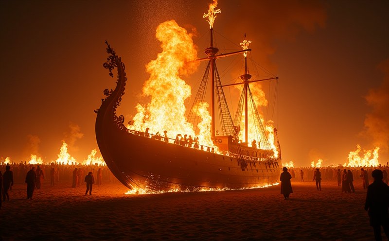沙灘夜燒王船火光沖天的送王祭典