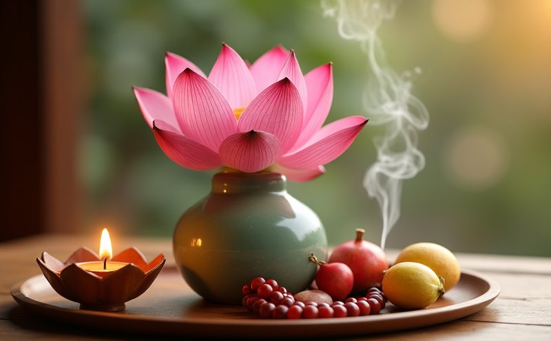 阿彌陀佛佛辰蓮花念珠與蓮燈的清淨供品