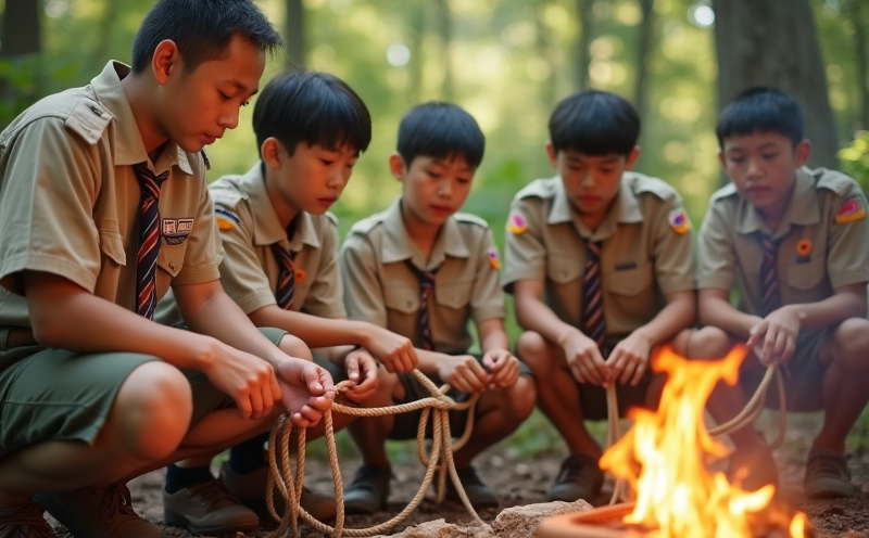 童軍於野外學習打繩結的童子軍節露營場景