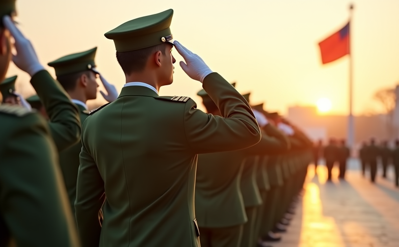 軍人列隊敬禮國旗飄揚的軍人節場景