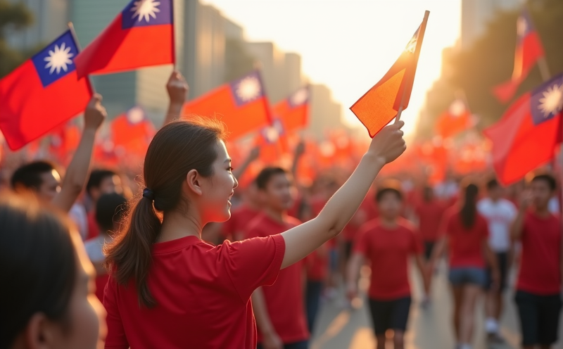 民眾揮舞國旗歡慶閱兵遊行的國慶日場景