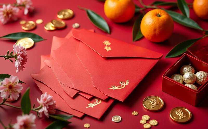 春節紅包金幣橘子與糖果盒的賀年陳設
