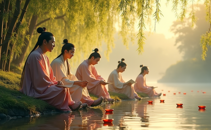 文人雅士臨溪曲水流觴吟詩的上巳節雅集場景