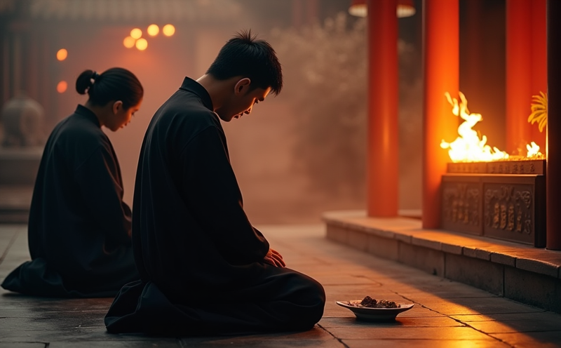 一家人於戶外普渡壇前跪拜祭祖的中元節場景