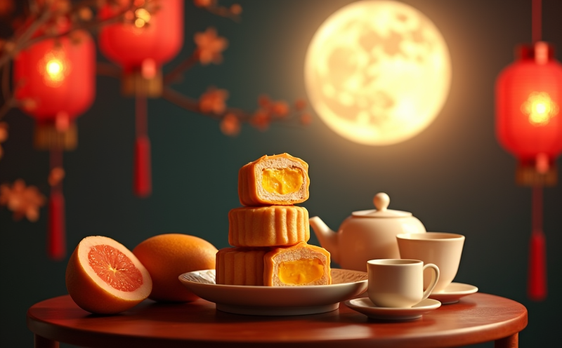 中秋節月餅柚子茶具與燈籠賞月的傳統陳設