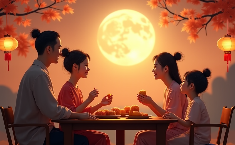 三代同堂於戶外品月餅柚子賞圓月的中秋節場景