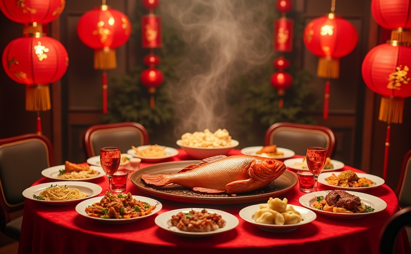 除夕全魚餃子長壽麵年糕雞與紅包的年夜飯陳設