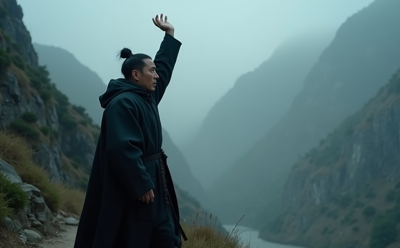 旅人於山徑前抬手戒備突遇土石流的災煞遠行受險場景