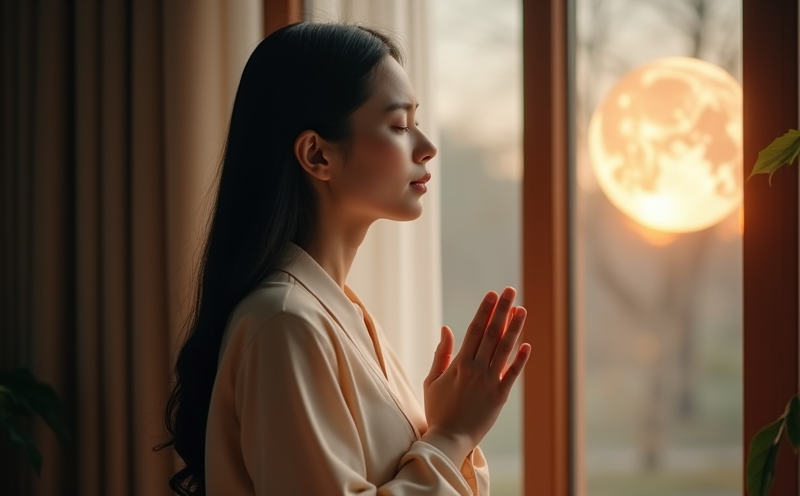 母親於月下窗前合掌祈求家人平安的月德守護瞬間