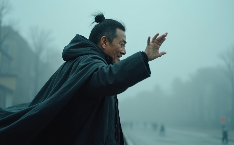 旅人於強風中舉手擋風前行的八風八方亂風場景