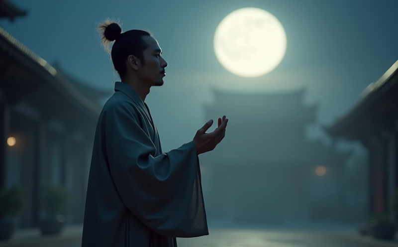 男子於月下院中向圓月舉手致意的月空寫照