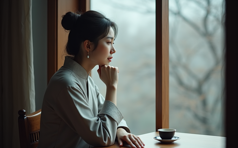 婦女於茶舍窗邊獨坐凝望沉思的孤辰情感封閉場景