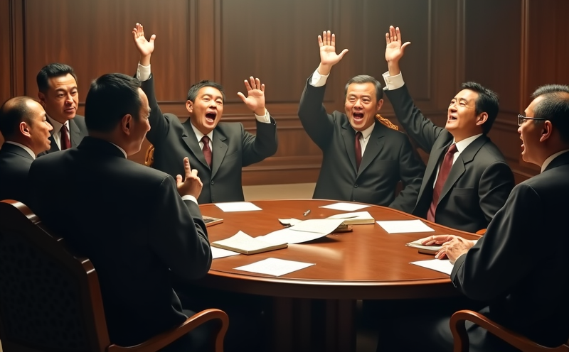 商人圍桌爭執揮手契約紛飛的八龍權力傾軋場景