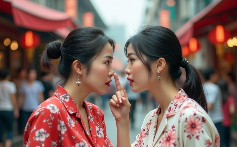 市集兩位婦女誇張耳語傳播八卦的七鳥流言瞬間