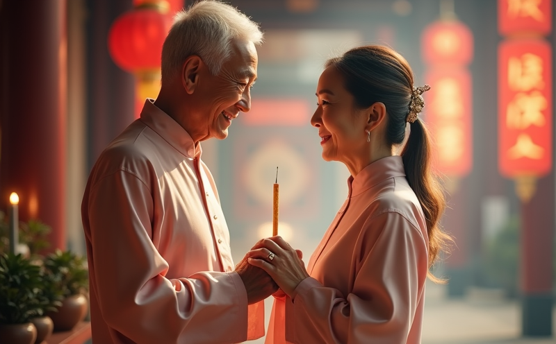 老夫妻於神桌前並肩持香相扶相伴的月德合場景
