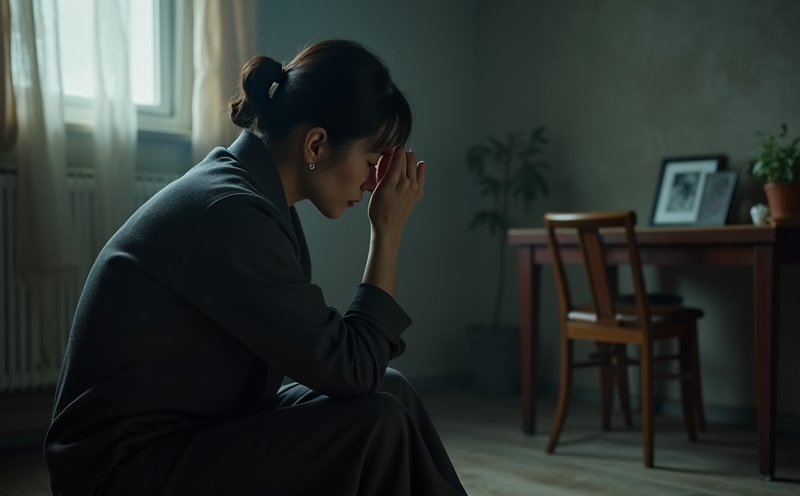 婦女於昏暗家中扶額沉思家中變故的三喪悲情場景