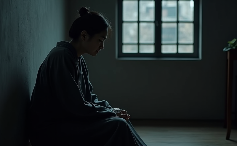 婦女於黑暗房間獨坐閉窗深陷沉思的純陰陰影深邃場景
