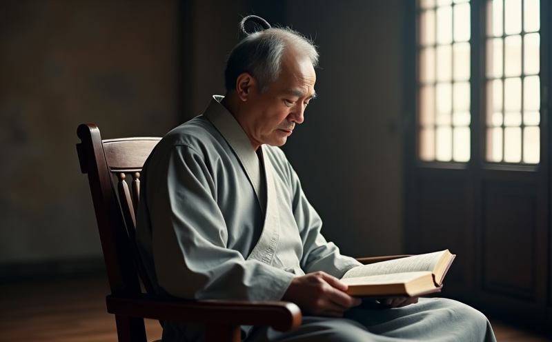 書生於書房閉目沉思手撫古卷的時陰沉澱寫照