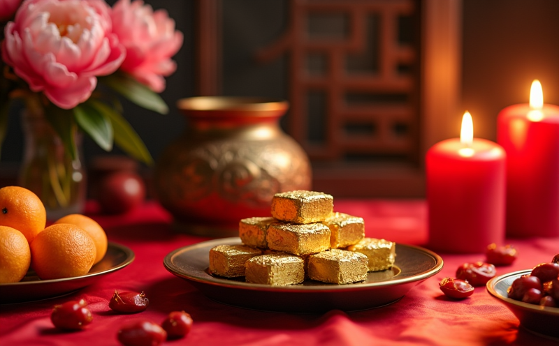 財神桌上五錠金元寶紅綢與柑橘紅棗環繞的五富興旺陳設