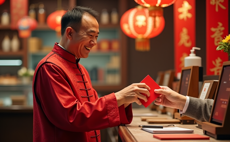 商人於店鋪笑迎客戶遞紅包的五富商機興旺場景