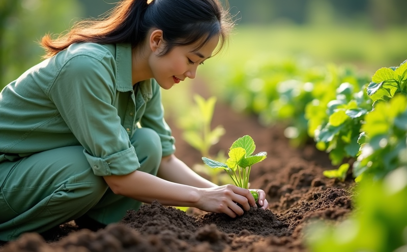婦女於庭園栽植嫩苗陽光照拂的生氣啟動瞬間