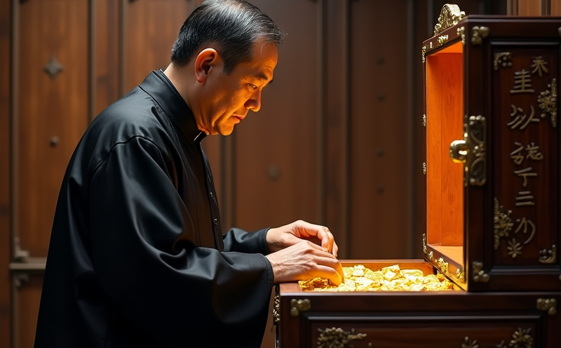 錢莊掌櫃恭敬將金錠安放於寶庫木箱的金匱守財場景