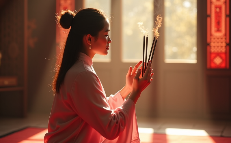 婦人於神前合掌持香感恩接受天恩的虔敬瞬間