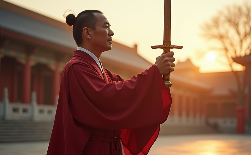 武師於廟前持劍舉天浩然正氣的青龍守護寫照
