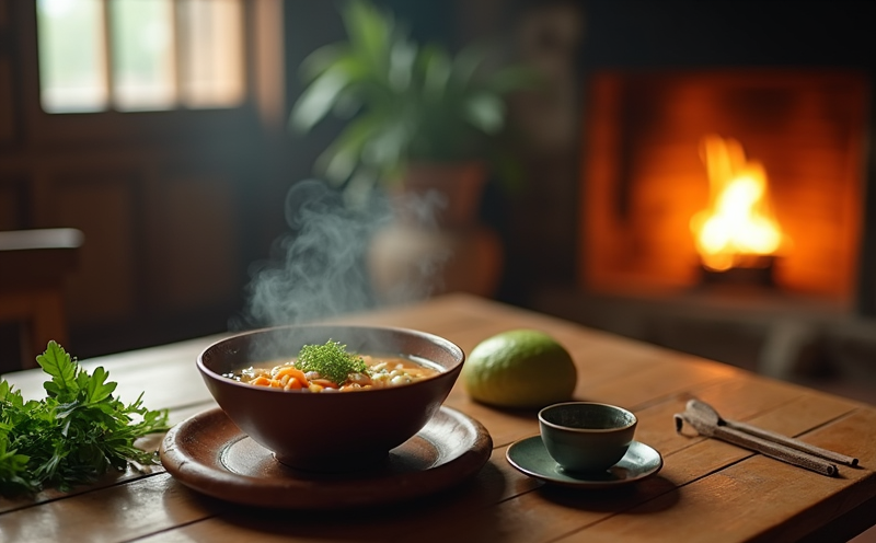 茅屋木桌熱湯時蔬與爐火溫暖的要安平靜居家靜物
