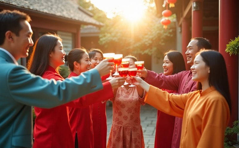 家族圍站於庭院共同舉杯慶賀的吉期喜事降臨場景