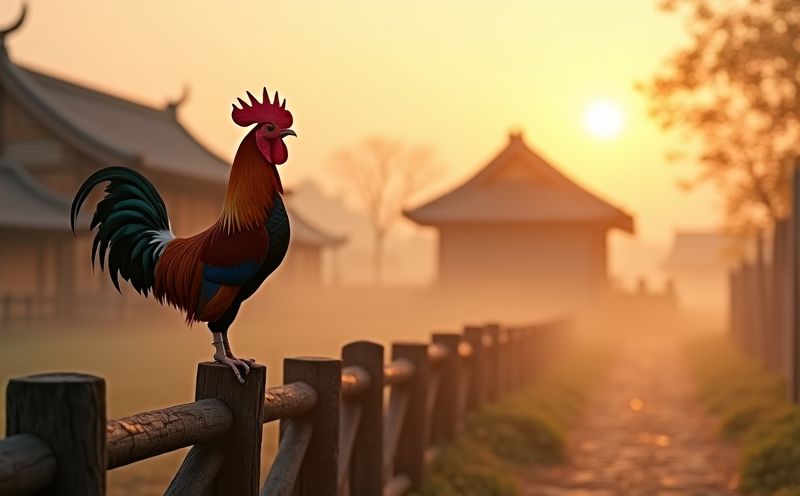 農家清晨公雞啼立柴門報曉的鳴吠晨光景象