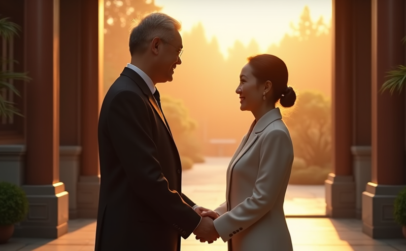 主人夫妻於門前躬身迎接長官蒞臨的臨日接待場景
