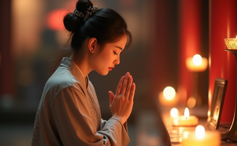 婦女合掌閉目誠心許願置願紙於掌心的天願祈夢場景