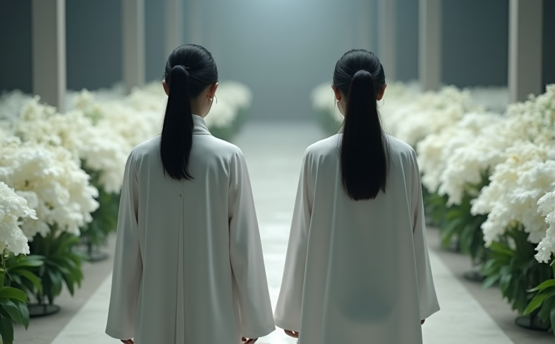 兩位喪服身影對稱站立於雙重白幡前的重日疊加場景